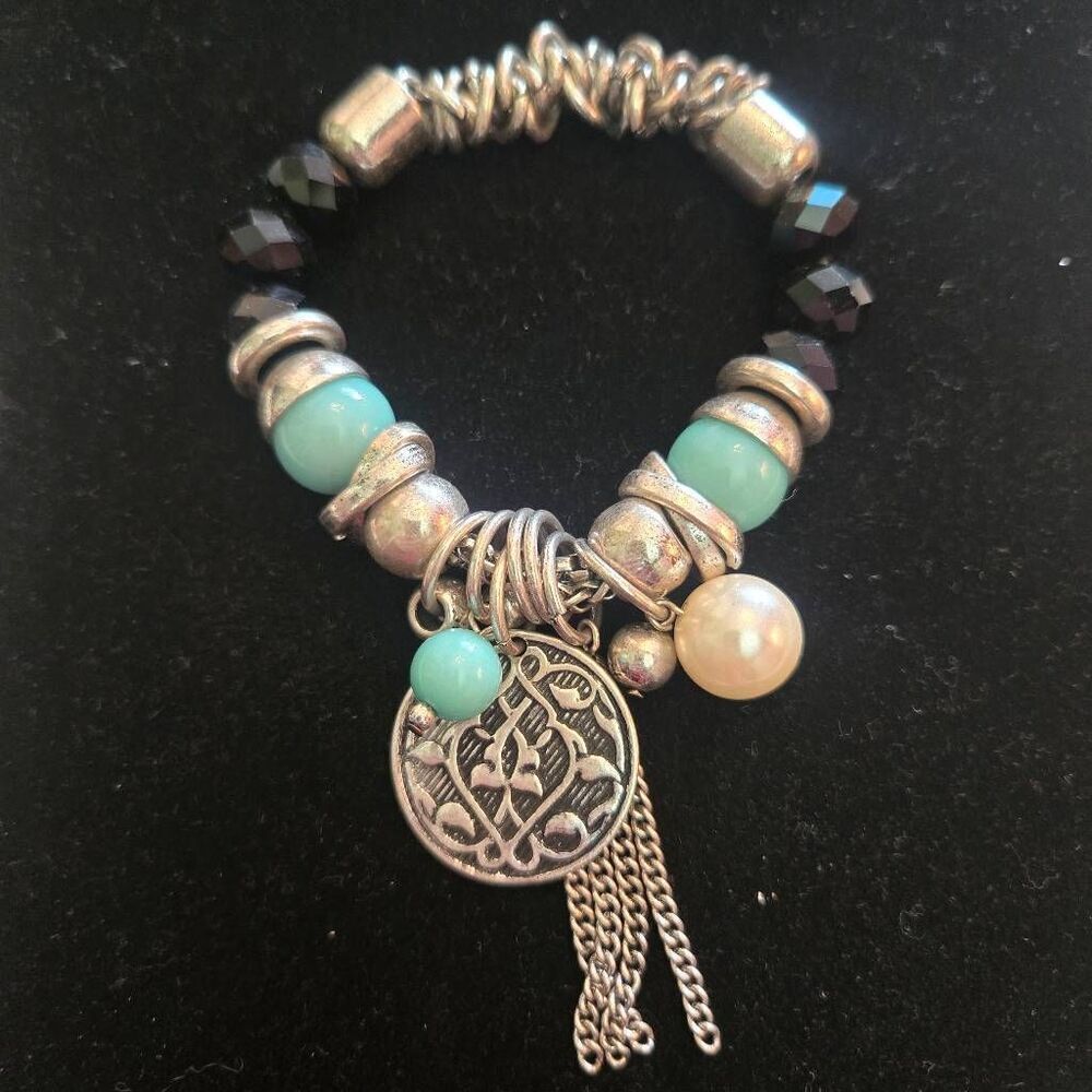 Chunky Stretch Bracelet Turquoise Black Silver Beads with Charms